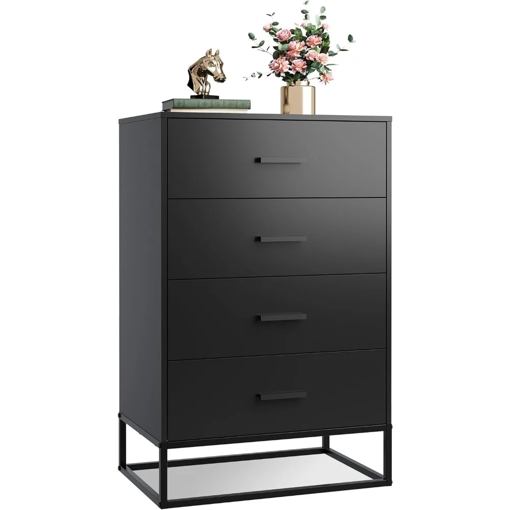 

Black Dresser for Bedroom with 4 Drawers, Tall Wood Dresser with Sturdy Metal Frame, Wooden Chest of Drawers for Hallway,