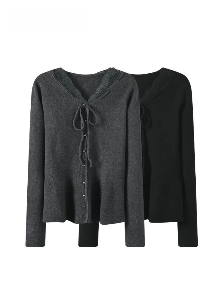 

Ele Sle plus Size Knitted Sweater V-Ne Long Sve Lace Splicing Women's Autumn Winter Faionable Top for plus Size