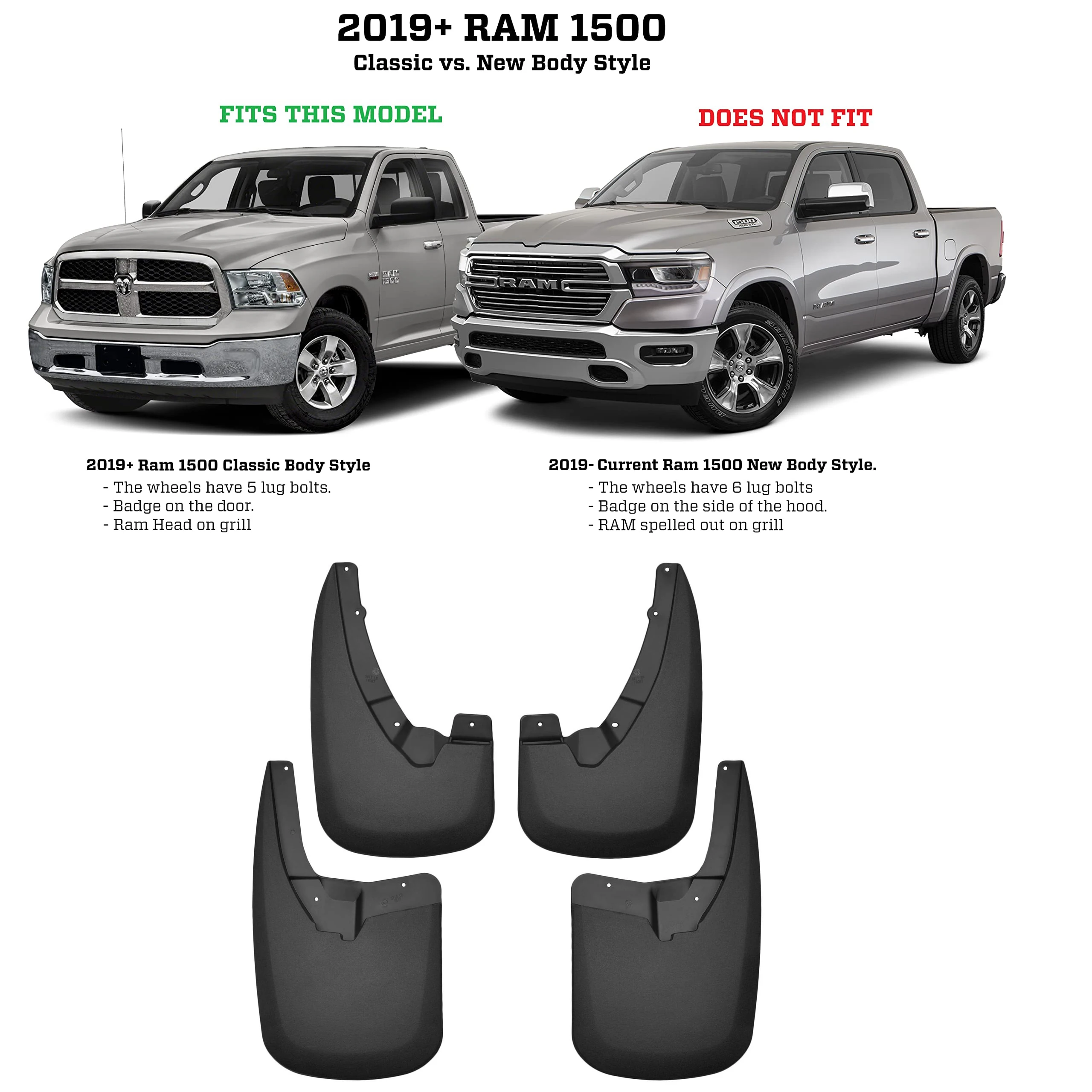 Mud Guards Fits 09-24 Ram 1500/Ram 1500(19-24 Classic Body) 10-18 Ram 2500/3500 w/Single Rear Wheels & w/Out OEM Fender Flares