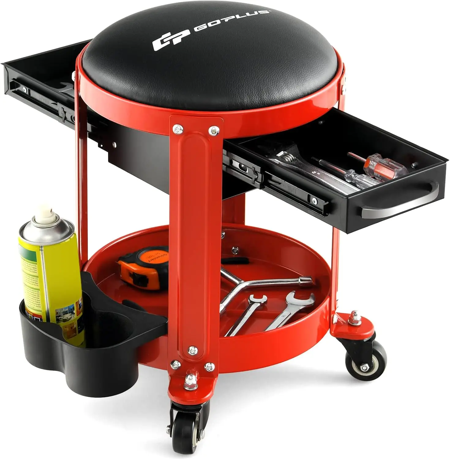 

Rolling Mechanic Stool, Shop Stool Creeper Seat with Removable Padded Seat,2 Drawers,Tool Tray,Twin Can Holder, Universal Wheels