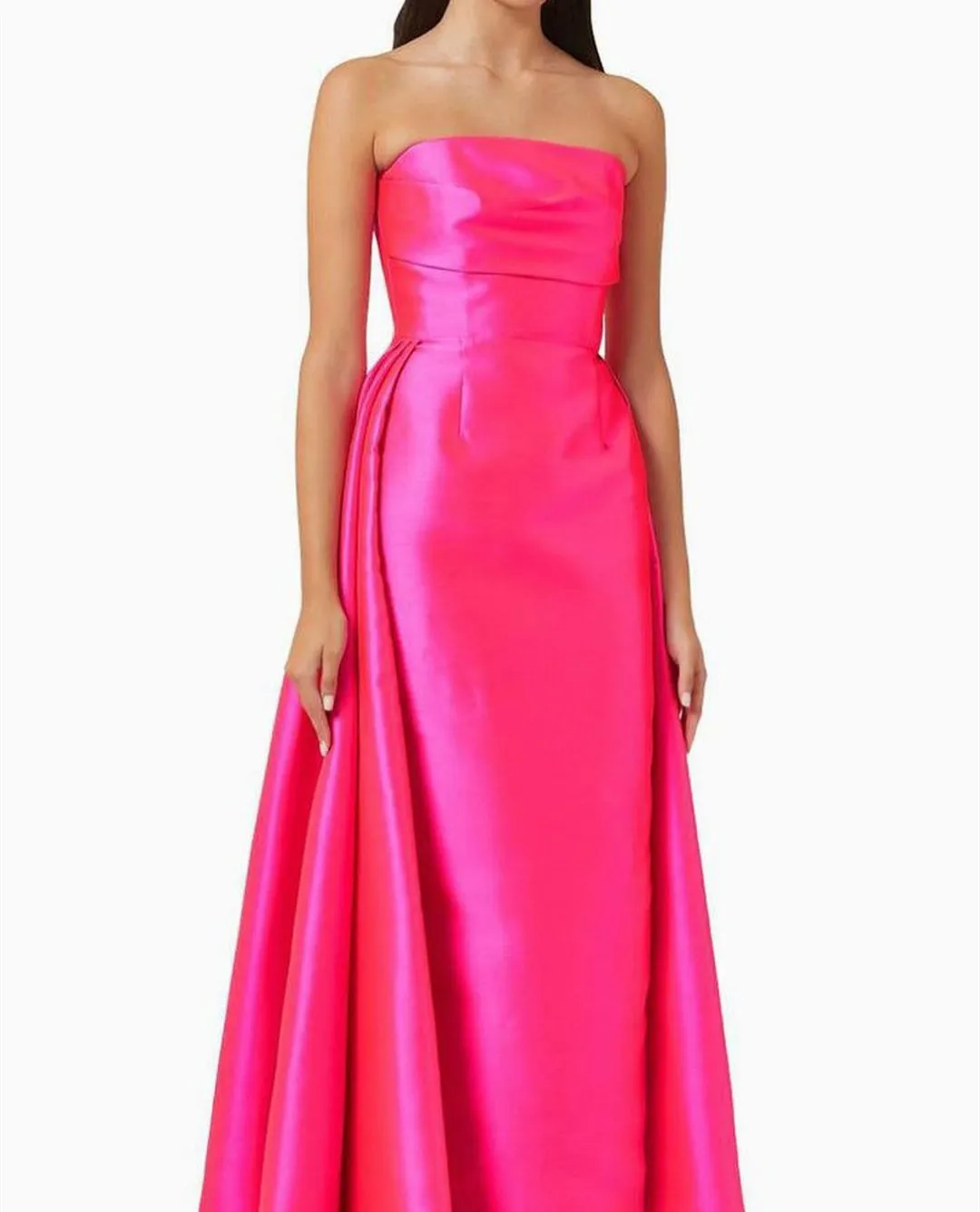 Customized Long Fuchsia Strapless Evening Dresses With Removable Train Sheath Satin Sweep Train Wedding Guest Dress for Women