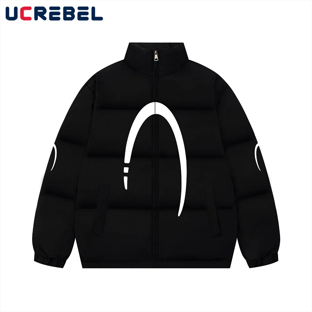 Double-sided Printed Padded Jacket Mens Letter Basic Winter Thick Stand Collar Long Sleeve Drawstring Hem Padded Jacket Men