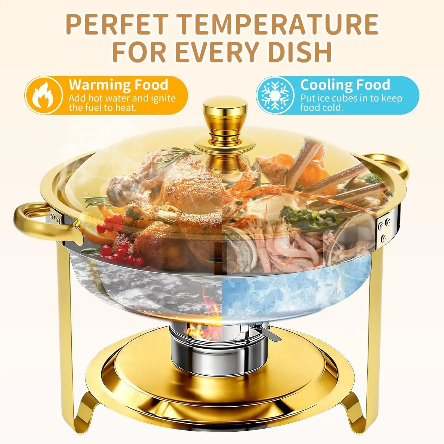 4 Pack 6QT Stainless Steel Round Chafing Dish Set with Golden Lid | Chafing Dish for Buffet with Serving Tray, Water Pan, Stand, Fuel Holder, Food Warmer for Party, Gathering, Banquet, Wedding