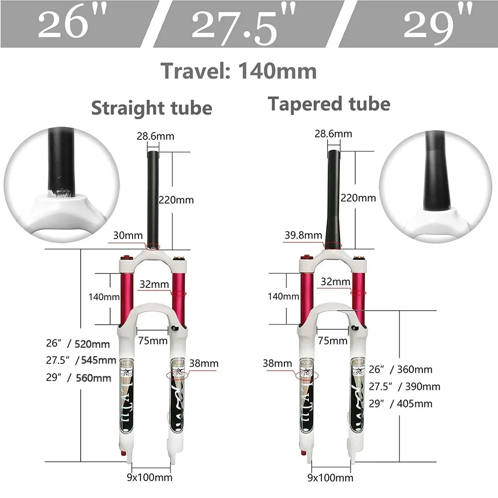 Bicycle Air Front Fork, Magnesium Alloy, Ultralight Mountain Bike Suspension Fork, Straight and Tapered MTB 26, 27.5, 29IN