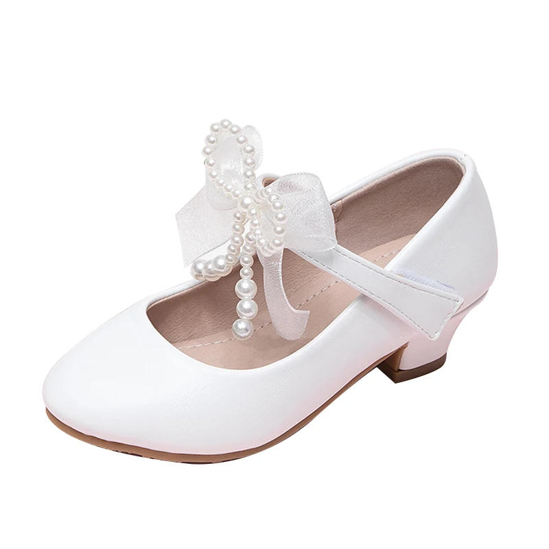 2026 New Girls' White Pearl Bow Princess Leather Shoes Elegant Kids High Heels For Performance Formal Dress Party Wear