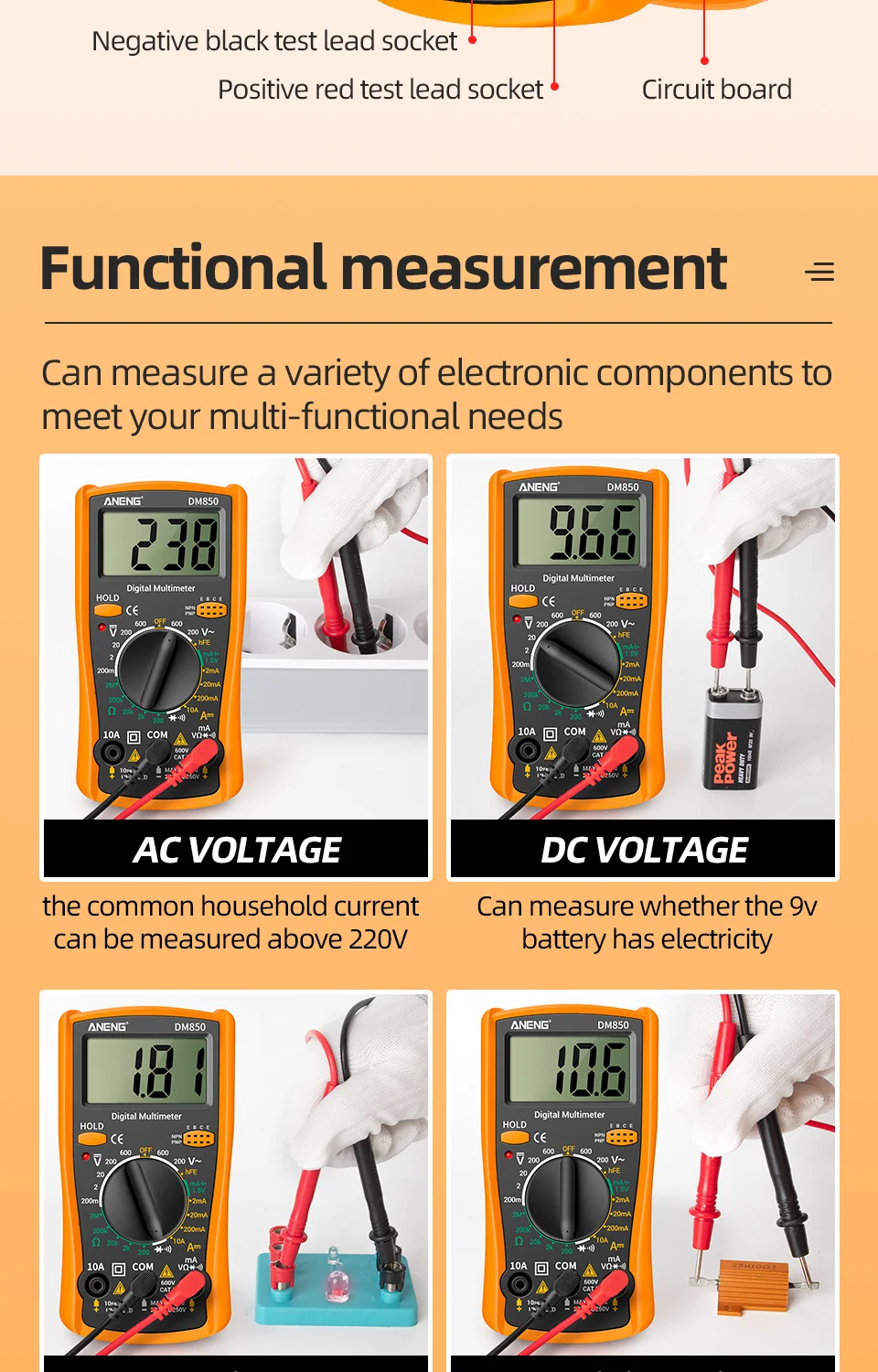 ANENG DM850 Digitalmultimeter, automatisch, professionell, 1999, zählt, Auto-AC/DC-Spannungsprüfer, Ohm-Strom-Amperemeter-Detektor-Werkzeug – Detail 4