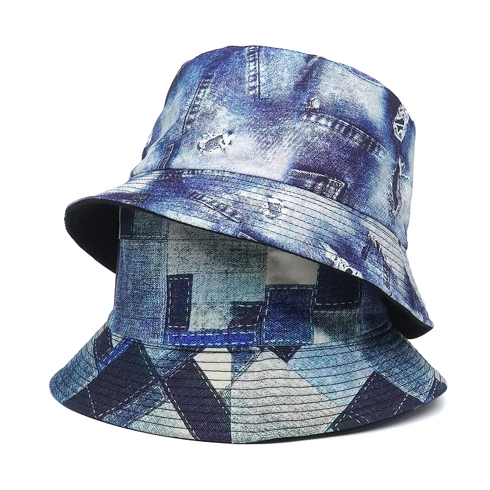 Women Fishing Hat Men Jean Like Colorful Print Cap Sun Protective Hat Double-side Hiphop Bucket Hat 2024 Spring New