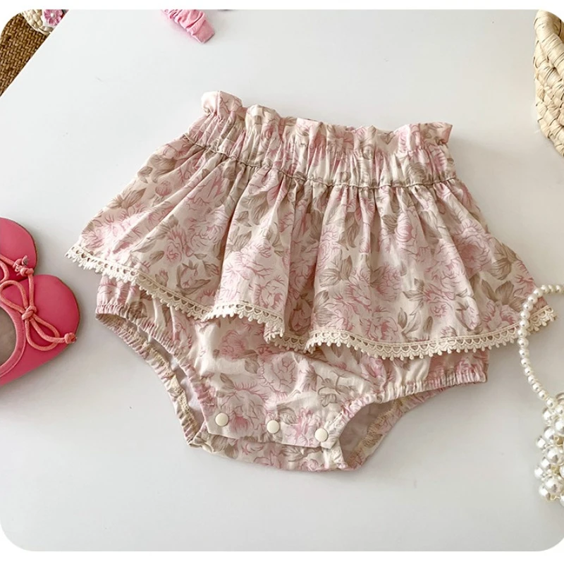 Summer Fresh Baby Cotton Pants Top Two Piece Set Girl Thin Pink Strap Fragmented Flower Half Skirt Wrapped Bottom Kids' Wear