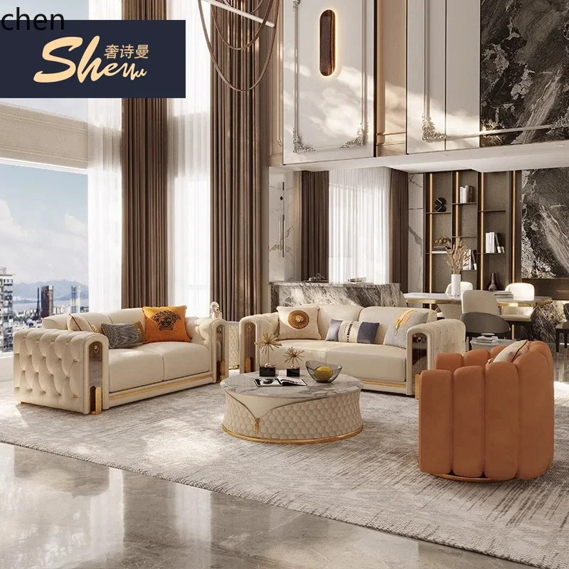 Z31- Italian lig luxury leather sofa combination American buckle straig row four people Fansi fold villa flat living room sofa