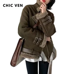 CHIC VEN Winter Coats Women Thickness Faux Suede Leather Jacket Street Retro Motorcycle Coat Thick Plush Warm Biker Women Femal