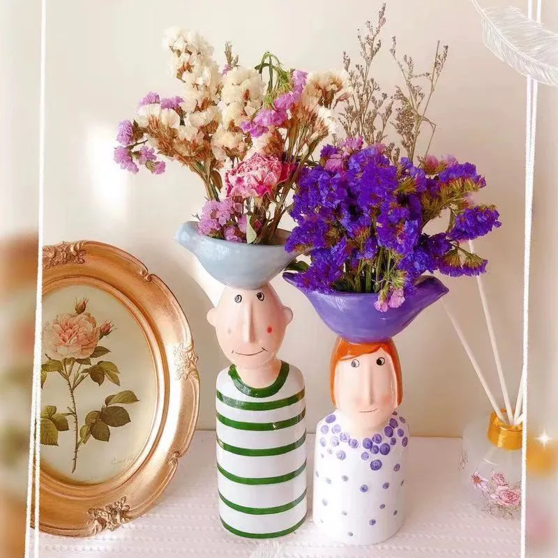 Cartoon Couple Figurine Ceramic Vase Creative Character Head Flower Pot Ins Home Desktop Dried Flower Decor Ornament