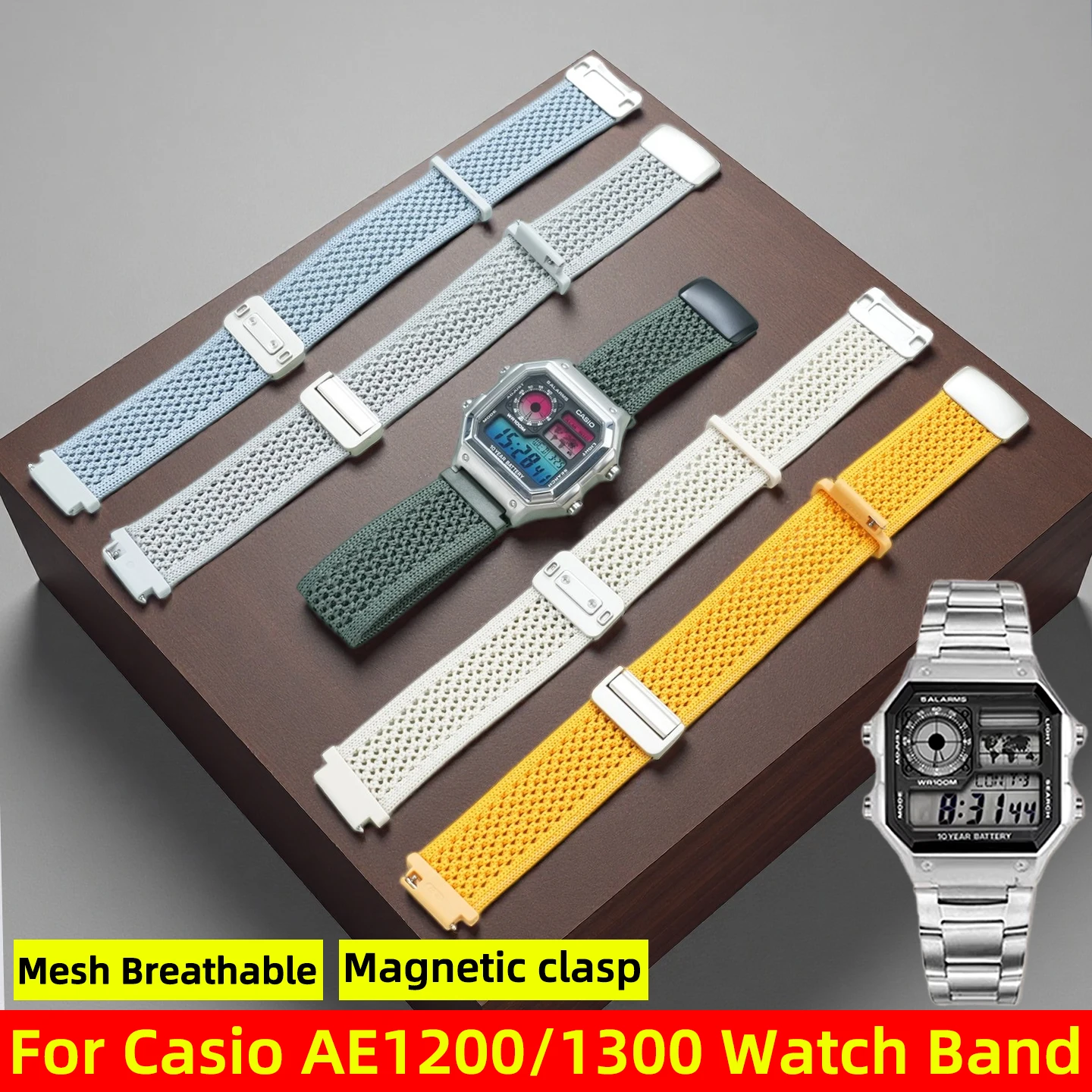 AE1200 Atmungsaktives Nylon-Gewebearmband für Casio Small Square AE-1200/1300/1500 W-216H F-108 Uhrenarmband mit magnetischer Schnalle, 18 mm