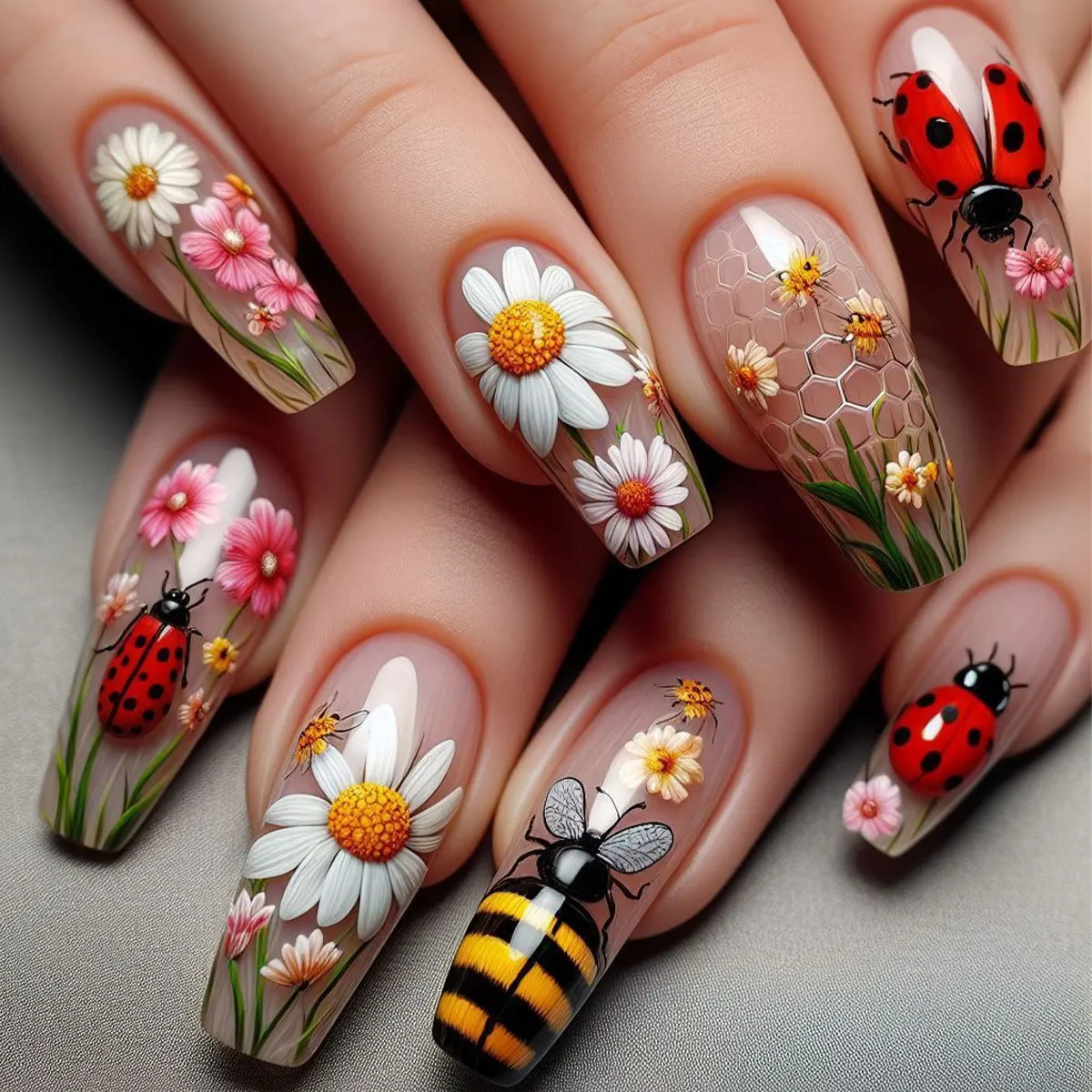 

Sping Summer Flower Fake Nails with Flower Design Long Square False Nails Wearable Acrylic Finished Press on Nails Bees
