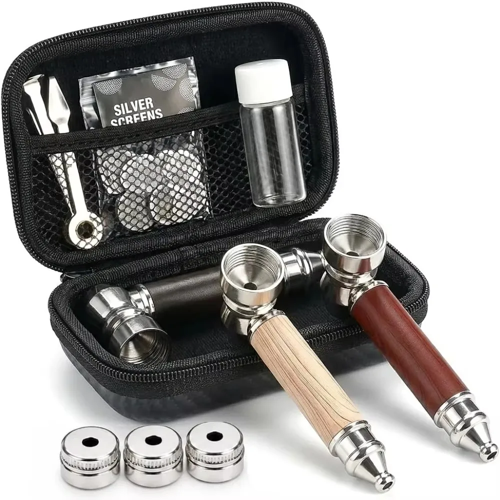 9PCS Zinc Alloy Detachable Combination Pipe Wood Grain Split Pipe Classic Mini Pipe with Screen Portable for Pipe Lovers