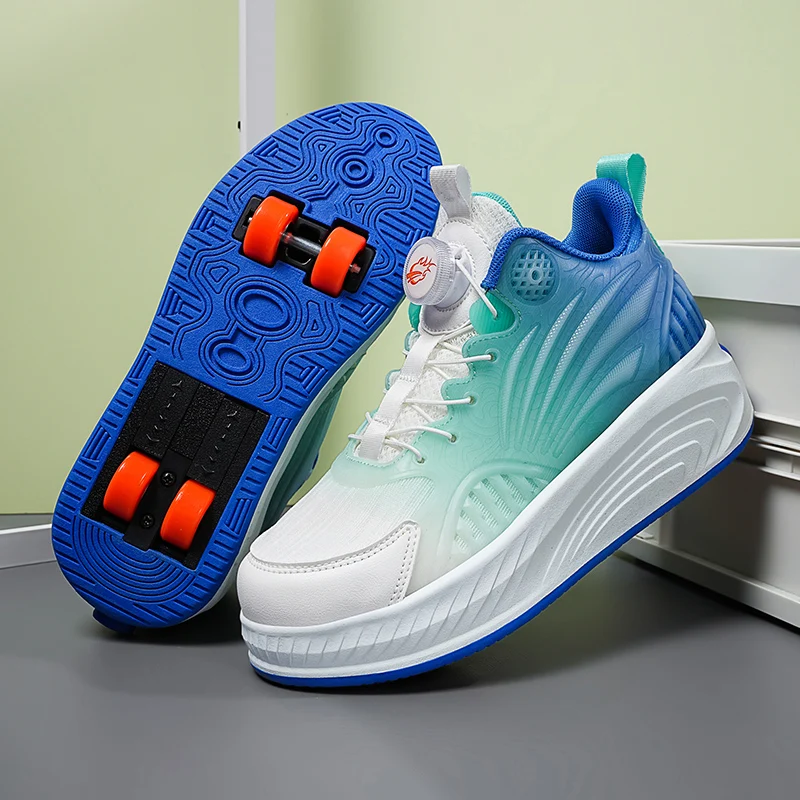 Boys Girls Roller Shoes Casual Fashion With 4 Wheels Flashing Youth Deformation LED Lights Semi Professional Parkour Skate Shoes