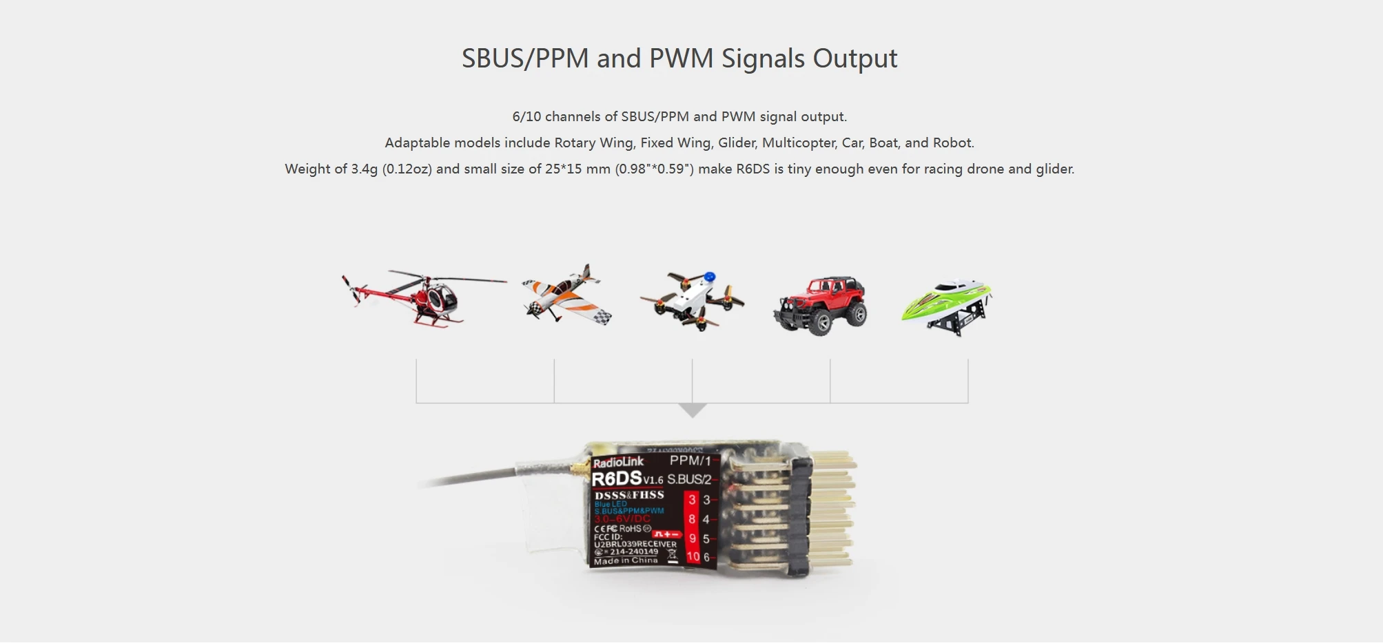 RadioLink R6DS 6/10CH 2,4G receptor 600 metros telemetría en tiempo Real 4,8-6V para ala fija RC coche barco Robot multicóptero planeador