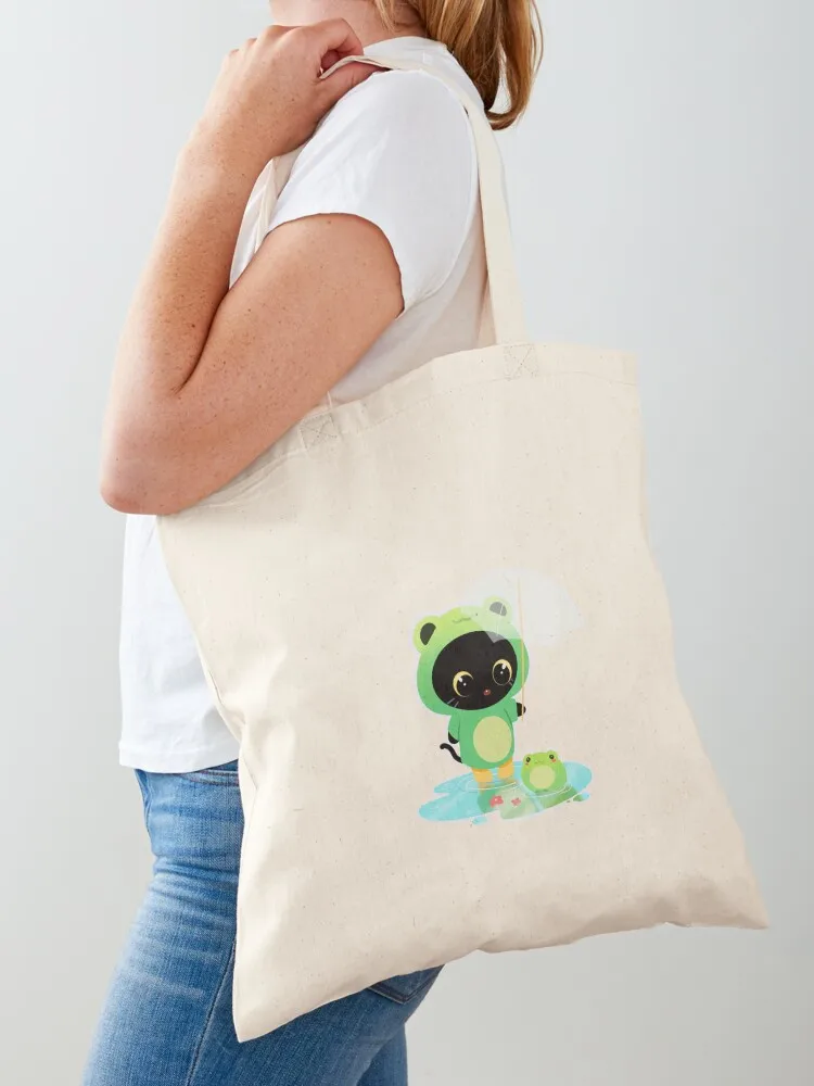

Cute Black Cat with Frog Friend Tote Bag canvas tote bags tote bag men Canvas stote bag Handbags women