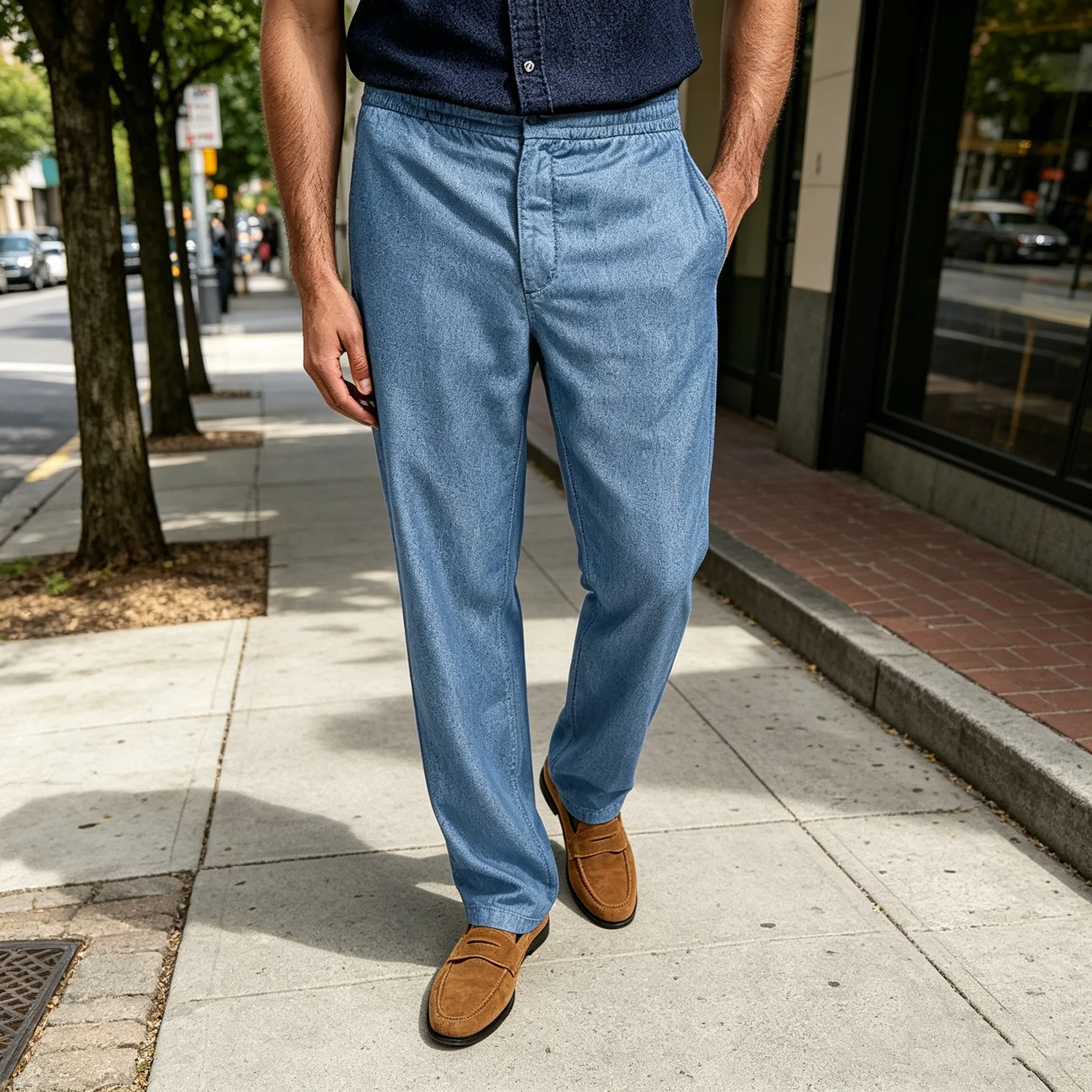 Men's Casual Linen Pants Elastic Waist Straight Leg Lightweight Trousers Breathable Loose Fit Summer Streetwear For Daily Wear
