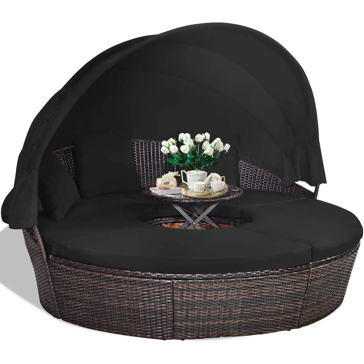 Outdoor Daybed with Canopy, Wicker Rattan Sectional Sofa with Coffee Table & Cushions, Patio Furniture Set for Lawn Garden Pools