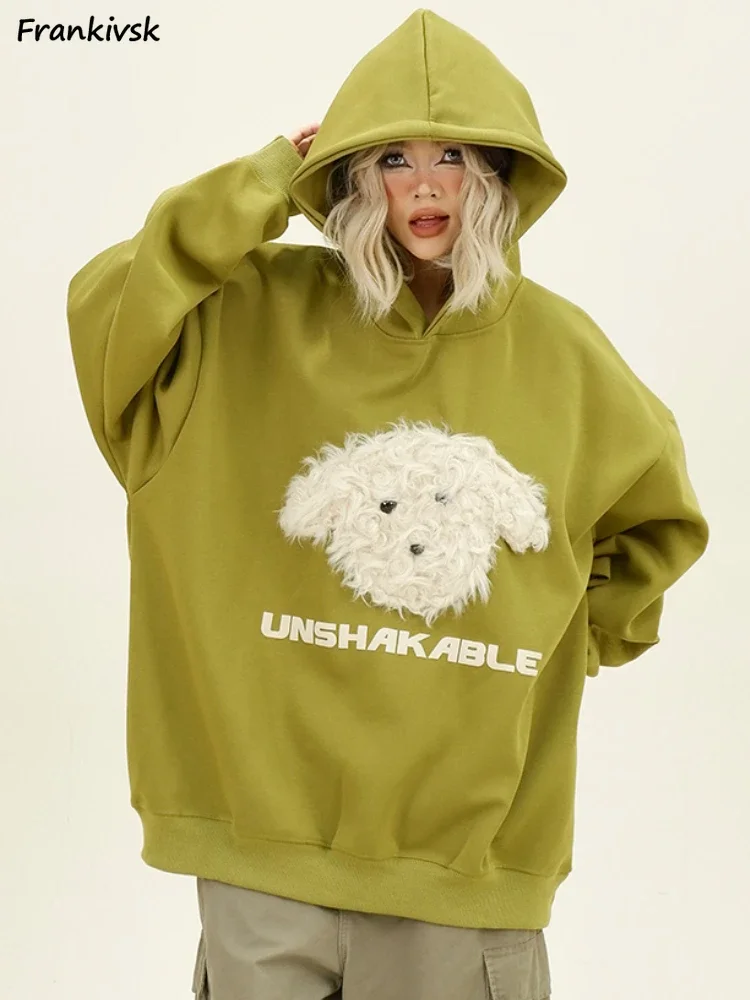 Green with Hat Hoodies Women American Retro Plush Puppy Embroidered Tender Slouchy Personality Streetwear Sweet Cool Students