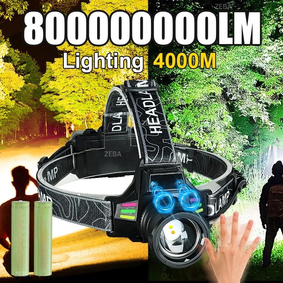 Новый мощный светодиодный налобный фонарь 800 000 000 лм с белым и желтым светом, датчиком освещенности, перезаряжаемый, с индикатором заряда, для рыбалки