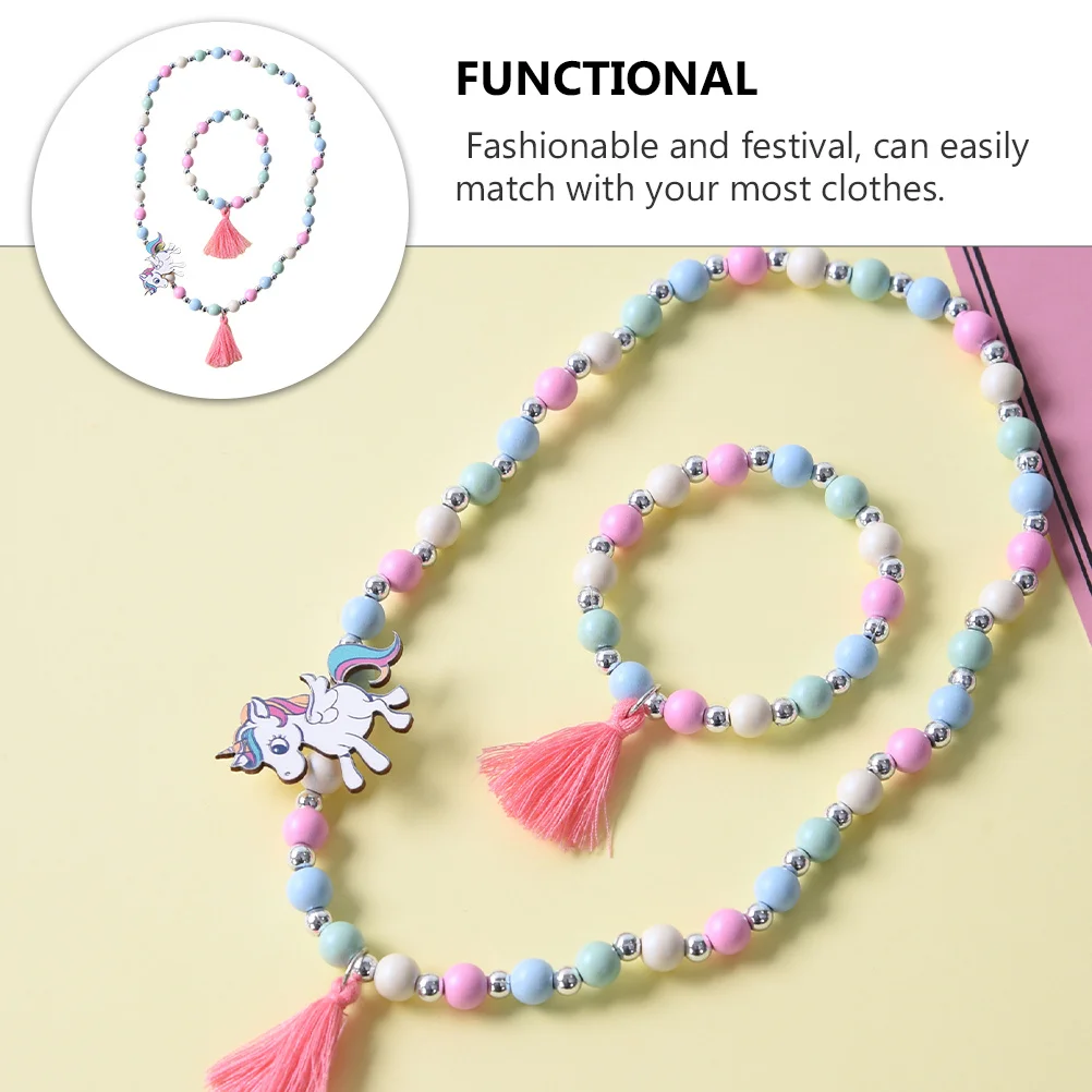 Ensemble de colliers de perles en bois pour enfants, pendentif licorne, bijoux, ensemble de bracelets colorés pour filles, usage quotidien, cadeau de fête, 1 ensemble