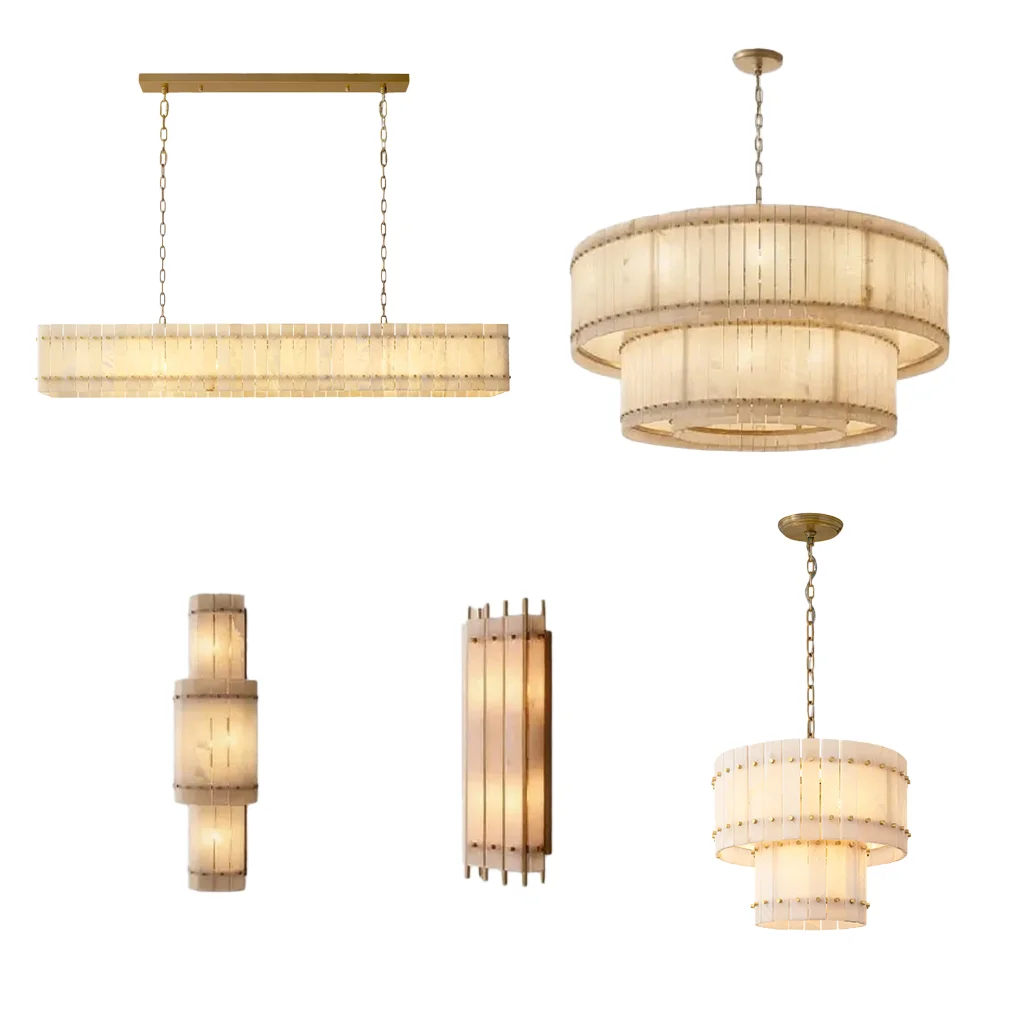 

American Light Luxury Natural Marble Chandelier Round Minimalist Design Yellow Lustre Lighting For Living Room Dining Dimmable