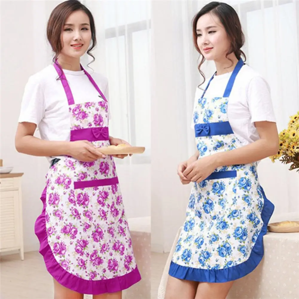 Floral Print Bowknot Women Bib Kitchen Apron Oil-Proof Cooking Apron Restaurant Cooking Dress Aprons Household Cleaning Apron