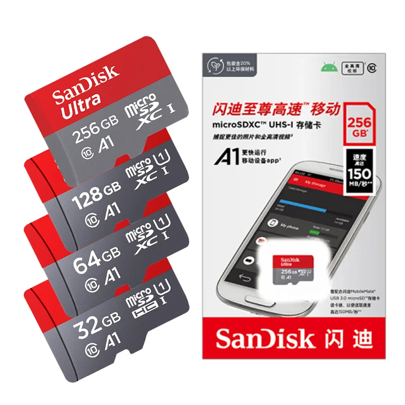 Sandisk Ultra Micro SD 128GB 32GB 64GB 256GB 512GB 1 تيرا بايت فيديو SD بطاقة 150 متر SD/TF بطاقة ذاكرة فلاش A1 C10 U1 microSD للهاتف