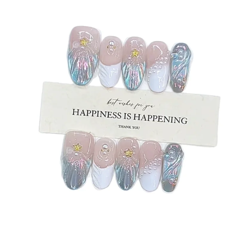 

Purely handmade nail wear summer new French star hand-painted fish tail three-dimensional temperament cat's eye nail art sticker