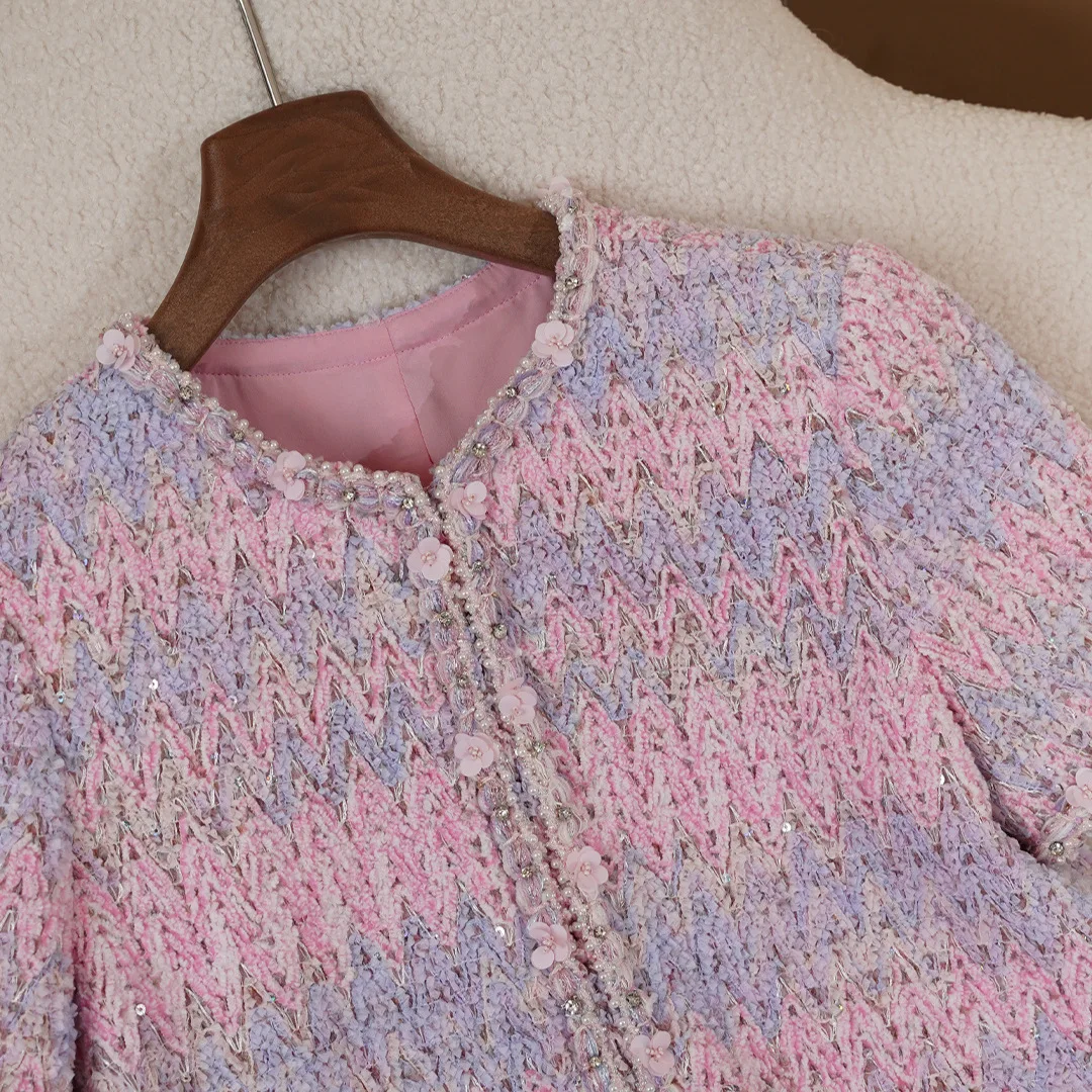 Pista designer feminino tweed vestido 2025 ol rosa pequeno perfumado lã lantejoulas pérola floral de manga curta solto vestido reto