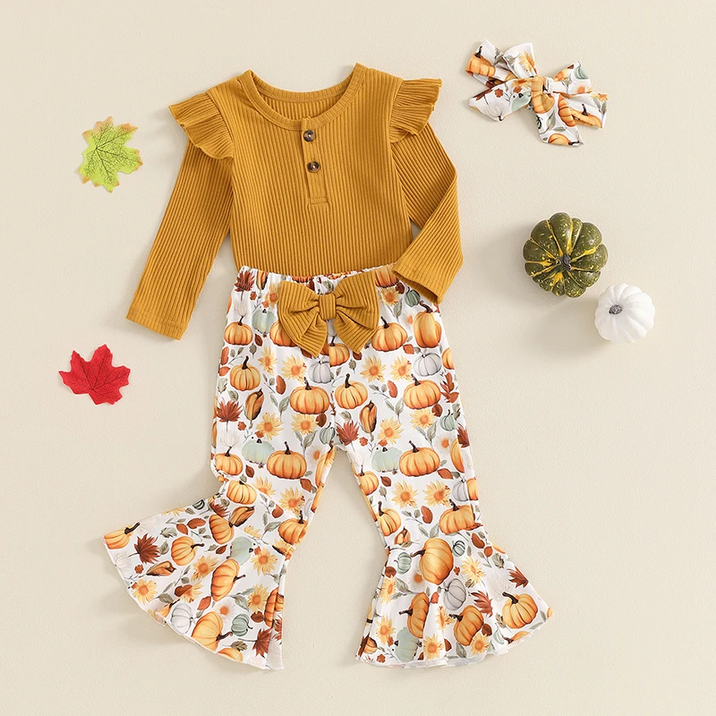 Adorable Baby Girl Halloween Costume Set with Long Sleeve Romper Pumpkin Spider Print Flare Pants and Headband - 3 Piece