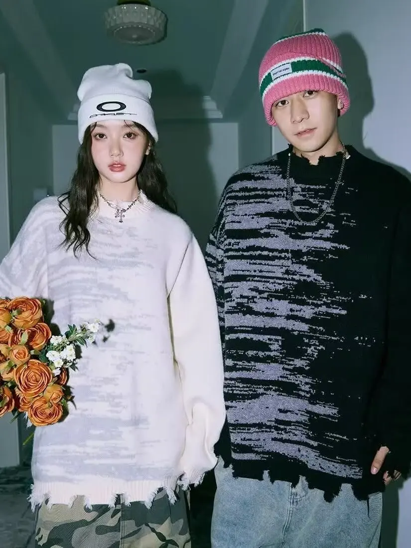 

Мужской пуловер свободного кроя с эффектом тай-дай, вязаный, с длинными рукавами, повседневный, с дизайном «дырки», осенне-зимняя новинка, верхняя одежда