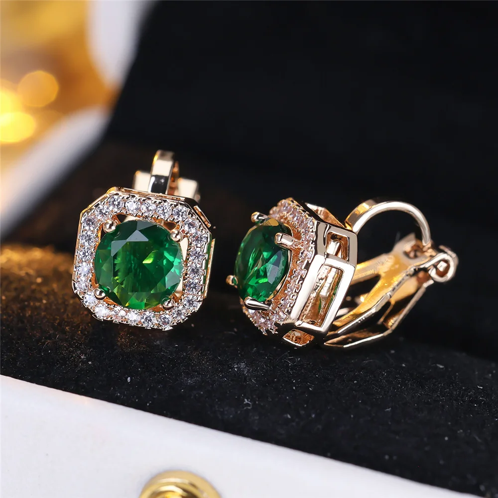 Crystal Round Stone Clip Earrings For Women Rose Gold Silver Color White Green Blue Zircon Jewelry Simple Fashion Gifts