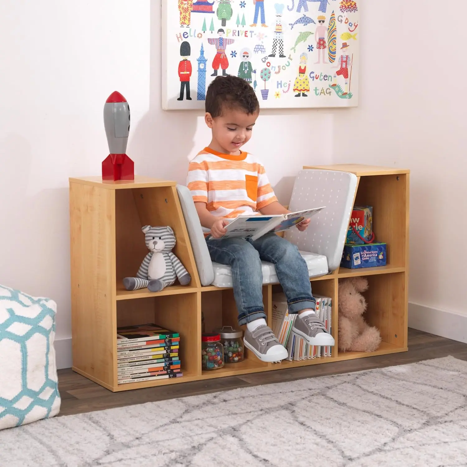 Wooden Bookcase with Reading Nook, Storage and Gray Cushion - Natural