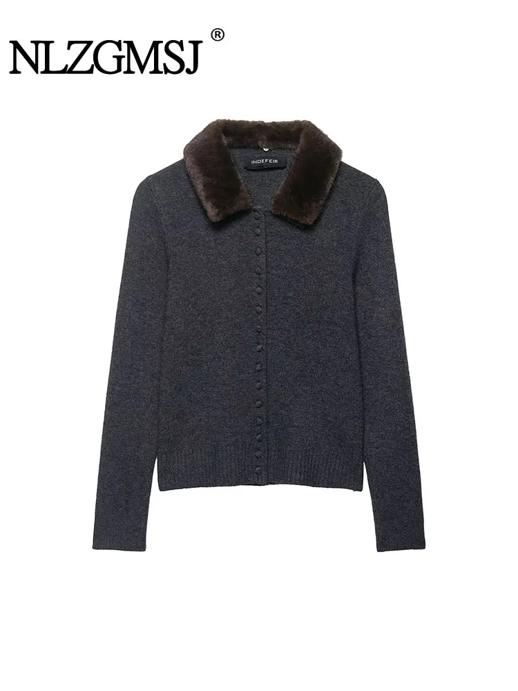 

NLZGMSJ New Solid Cardigan Fashion Plush Collar Knitted Coats For Women Casual Long Sleeve Sweater Street Top
