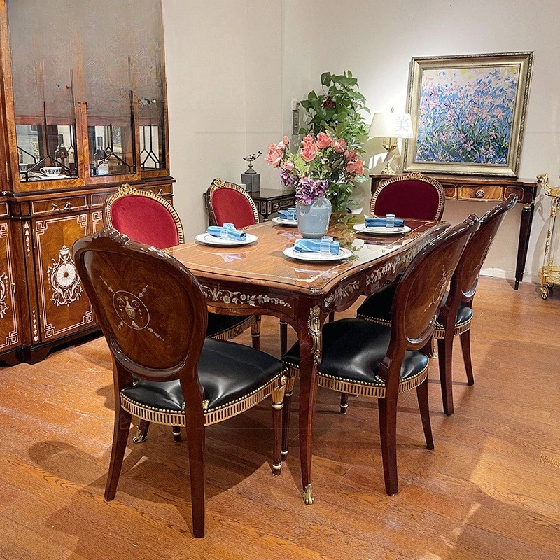 

British classical solid wood dining table European retro carved rectangular Alexander shell inlay