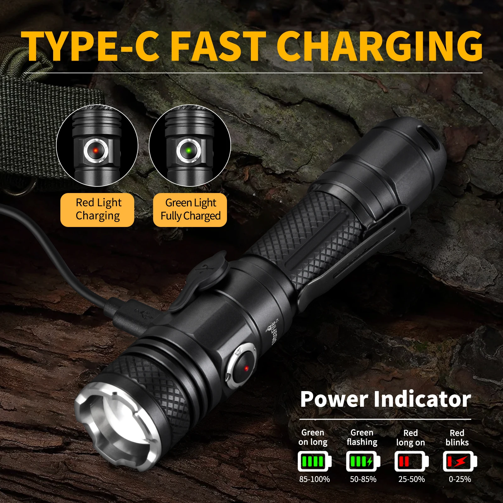UltraFire T4 Tactical Flashlight 1200LM USB Rechargeable LED Torch with Duty Belt Holster Portable EDC Light for Police Military