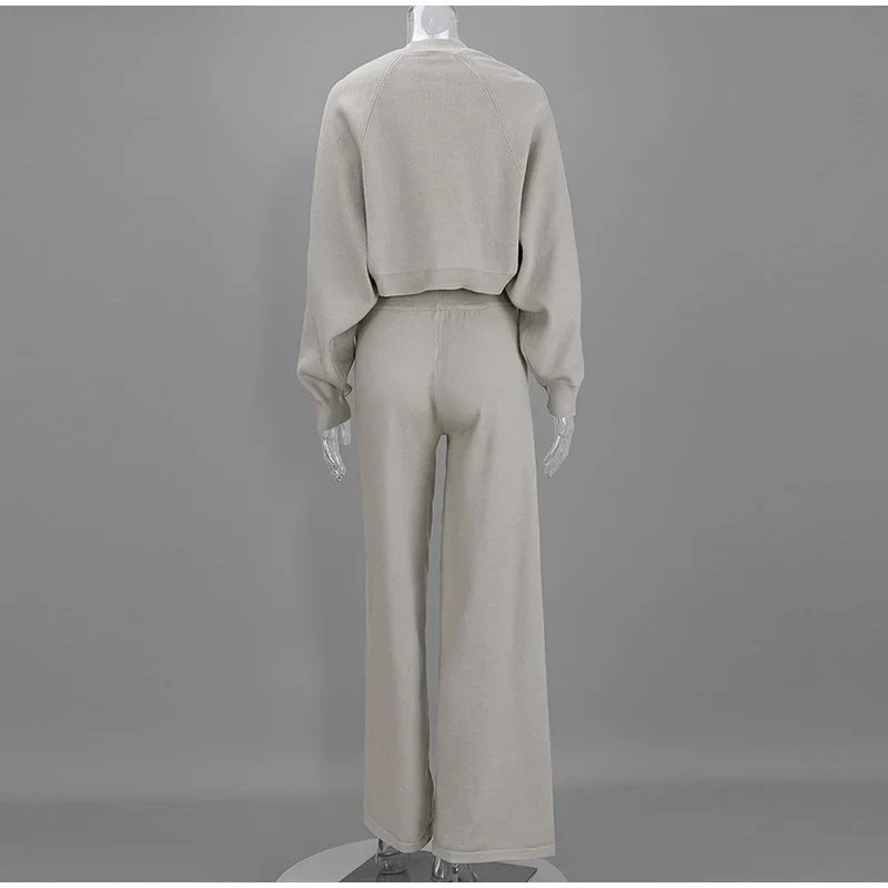 Damen Strick-3-Teiler-Set: O-Ausschnitt, ärmelloses Crop-Top, Langarm-Mantel, weit geschnittene Hose, Herbstmode, neue Strickwaren für Damen – Detail 12