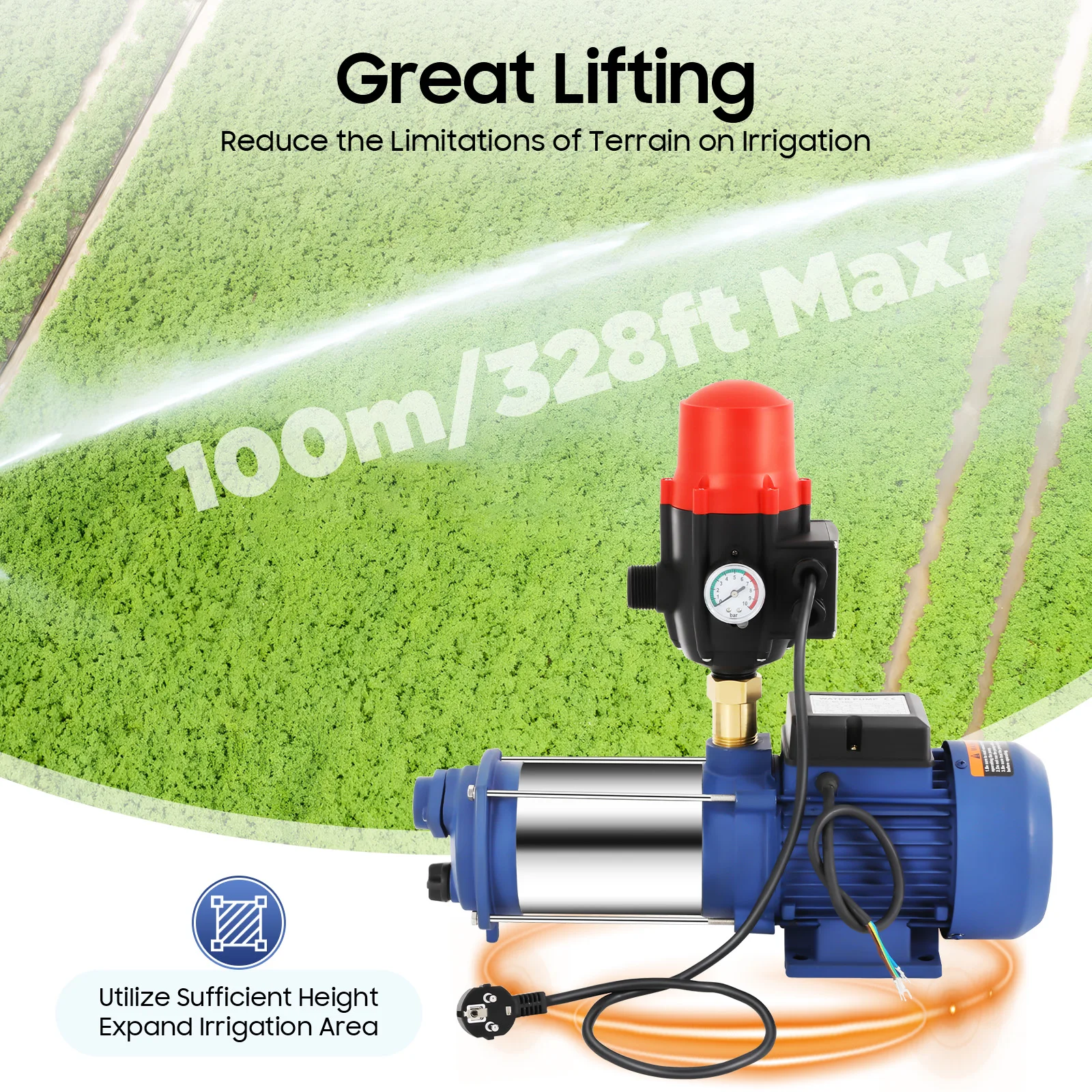 4000L Hochleistungs-Zentrifugalwasserpumpe 2500W Garten-Zentrifugalpumpe mit Druckschalter aus Edelstahl für Gartenbewässerung – Detail 3