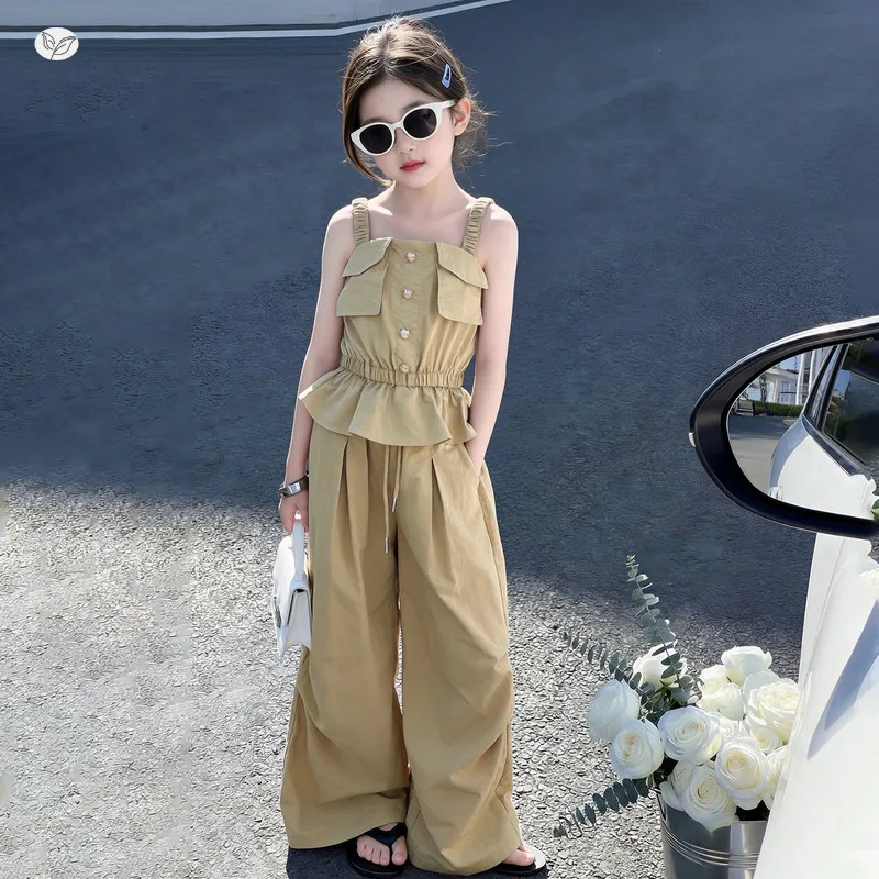 Girls Cargo Style Set 2026 New Middle Big Kids Waist Strapless Top Wide Leg Pants Kids Summer Clothes Two Piece Set