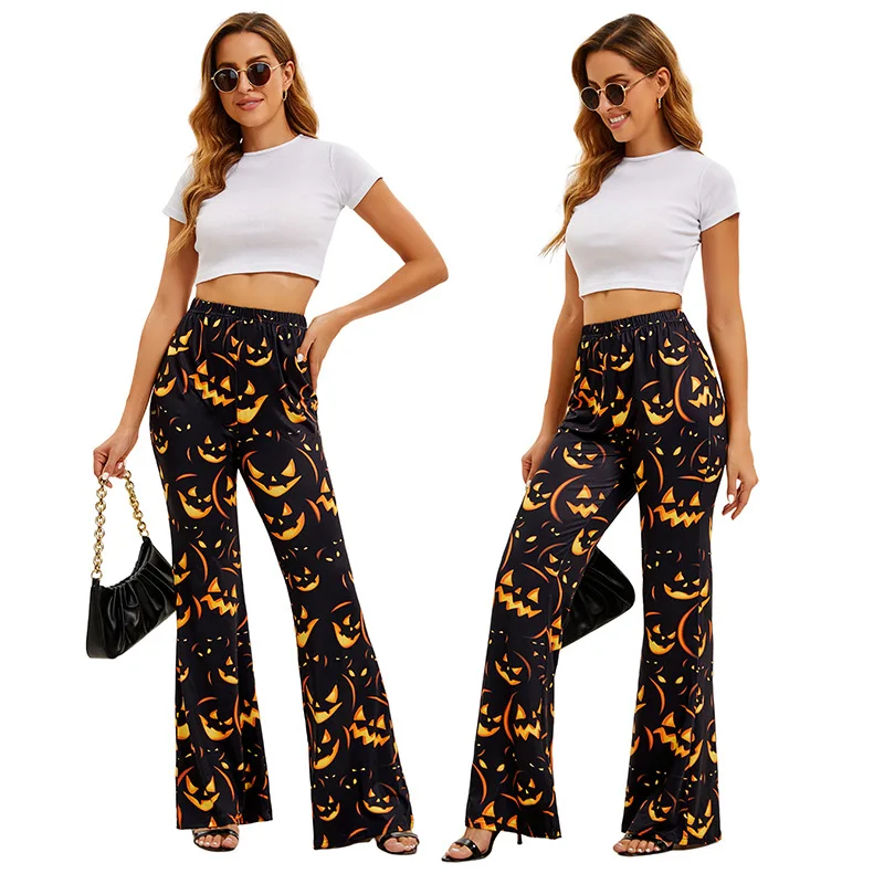 Новинка 2025, женские расклешенные брюки с принтом на Хэллоуин, длинные брюки с изображением тыквы и летучей мыши, цифровые морские женские этнические сценические костюмы