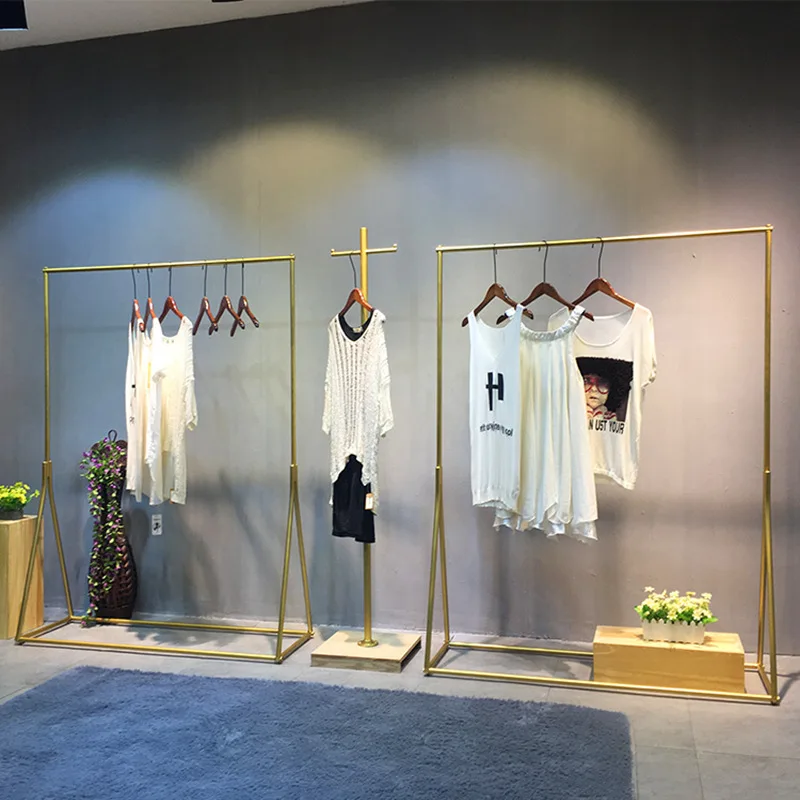 

Clothing store display rack, gold clothing ack, women's clothingstore shelf floor-standing clothes hanger, clothesrack iron w