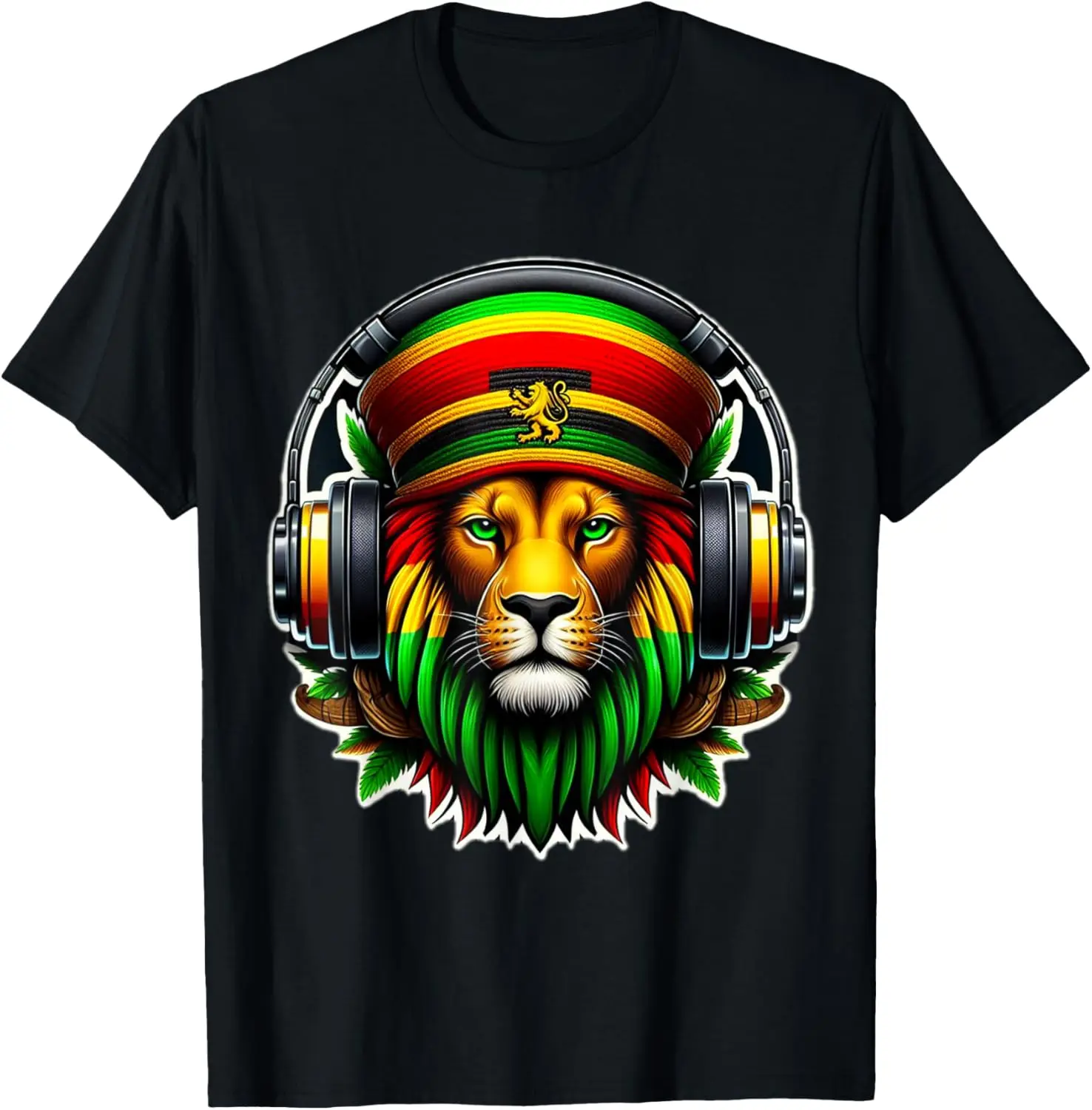 Jamaican Pride Rasta Reggae Lion with Music Headphones T-Shirt