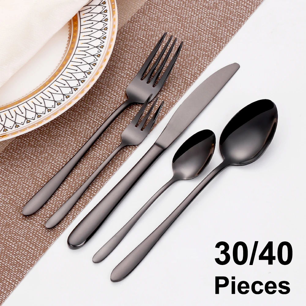 30/35/40 Pieces Western Tableware Stainless Steel Black Cutlery Set Elegant Dinner Set Mirror Knife Fork Spoon Kitchen Utensils