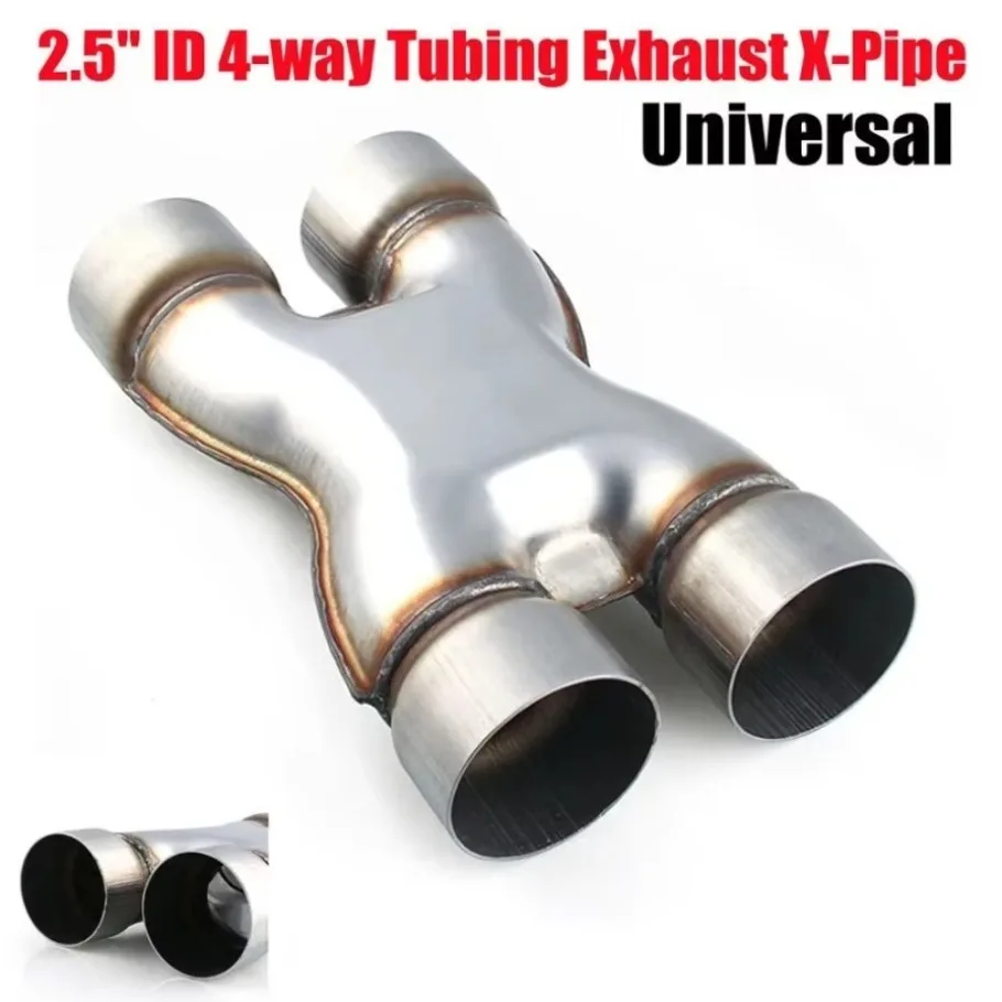 Car Stainless Steel Four-way Tubing Exhaust X-Pipe Adapter Connector Tube Trim 1x