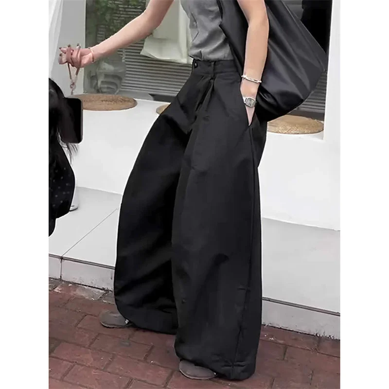 الصيف الكورية موضة مطوي جيب الشارع الشهير بنطلون 234A أسود بنطال ذو قصة أرجل واسعة النساء عالية الخصر عادية فضفاض بالازو السراويل