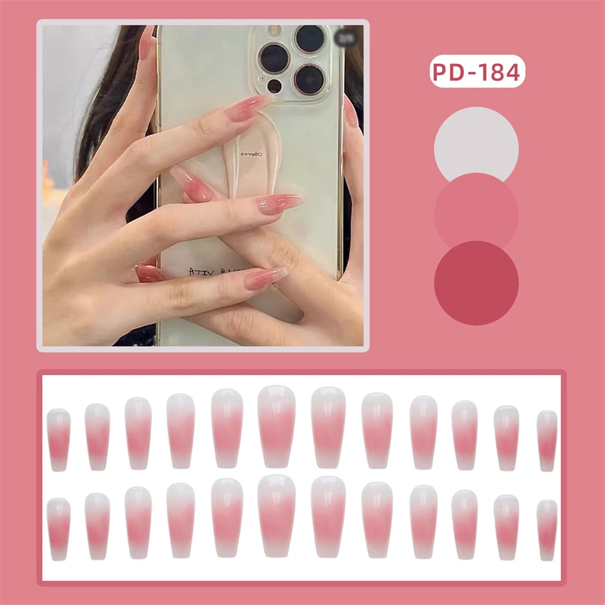 Falso unhas acrílicas, dupla cor, gradiente, adesivo, acrílico, removível, cobertura completa, feito à mão, nail art, 24 pcs/set