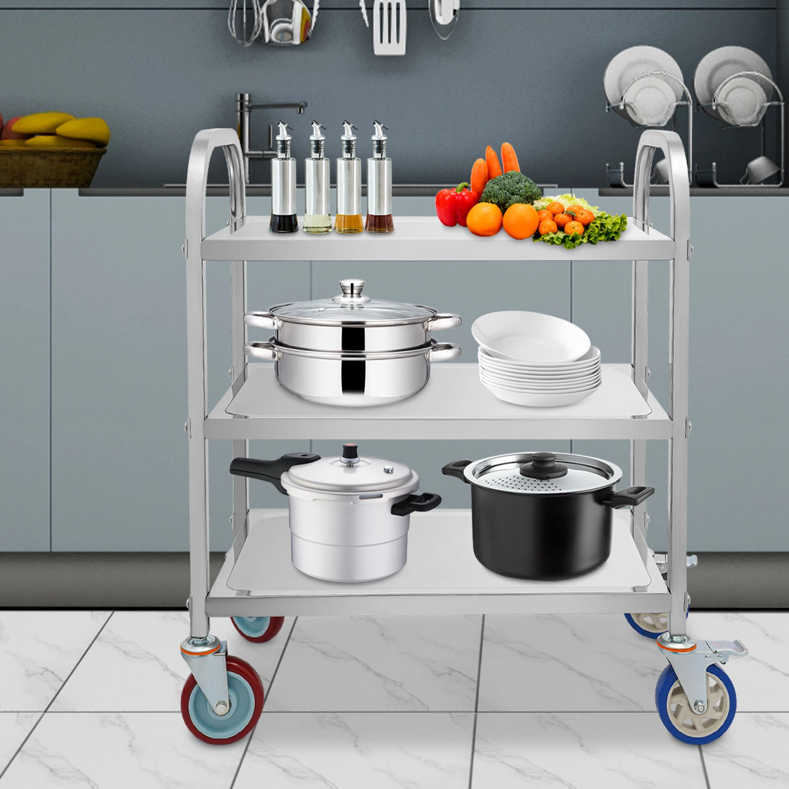 3 Tier Stainless Steel Kitchen Trolley Cart Kitchen Cart Rolling Storage Shelf Utility Serving Storage Rolling Car Shelf