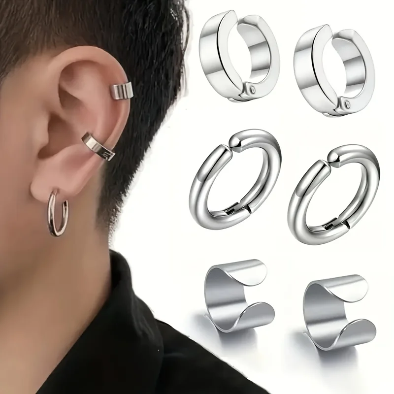 6pcs Stainless Steel Geometric Ear Clip Set Glossy No Piercing Required Ear Cuff Accessory Men Women Fashion Daily Wear Style